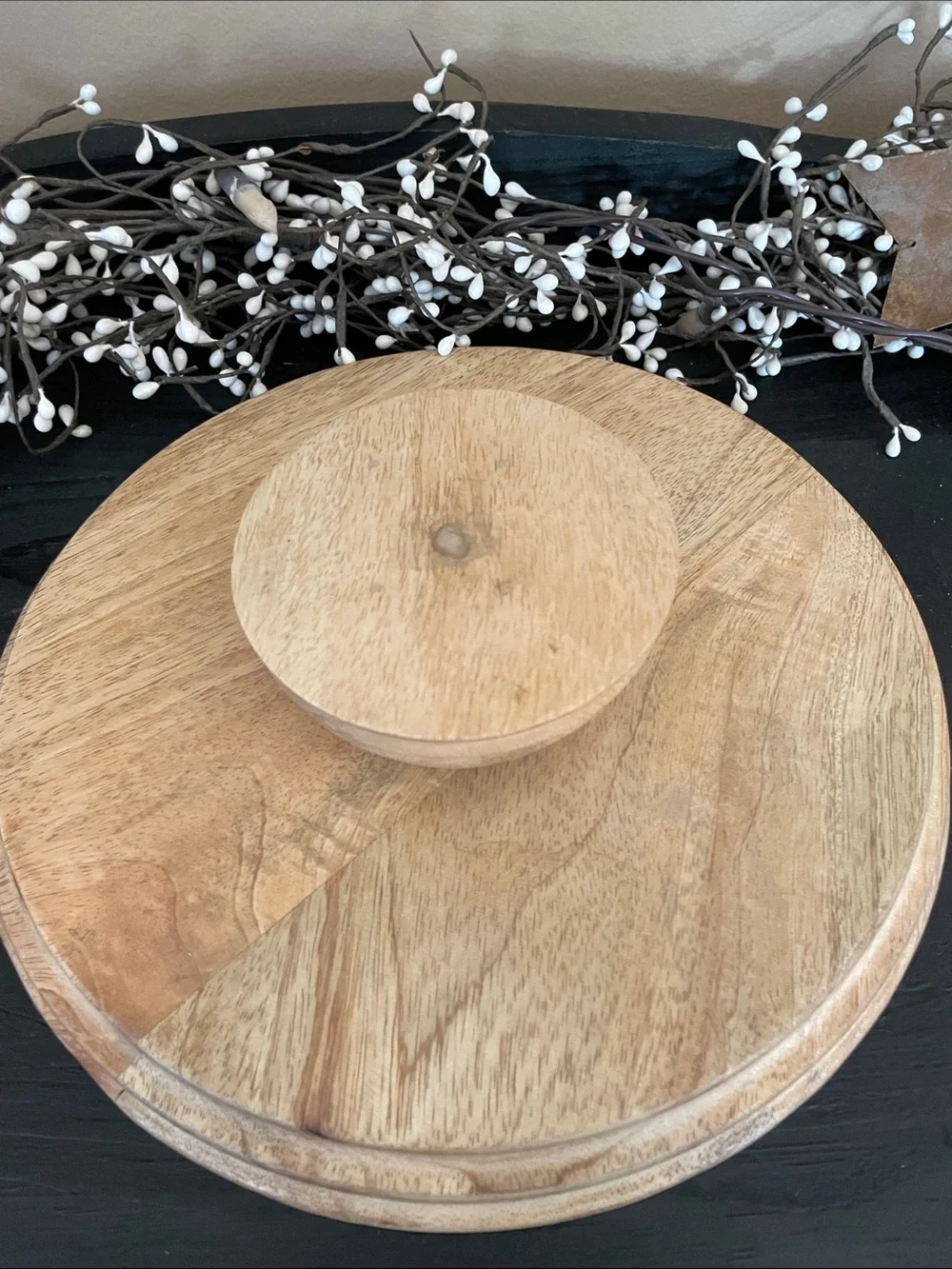 NWOT Floral Bunny Easter Round, Wooden, Serving, Pedestal Tray - 9.75”x2.25”